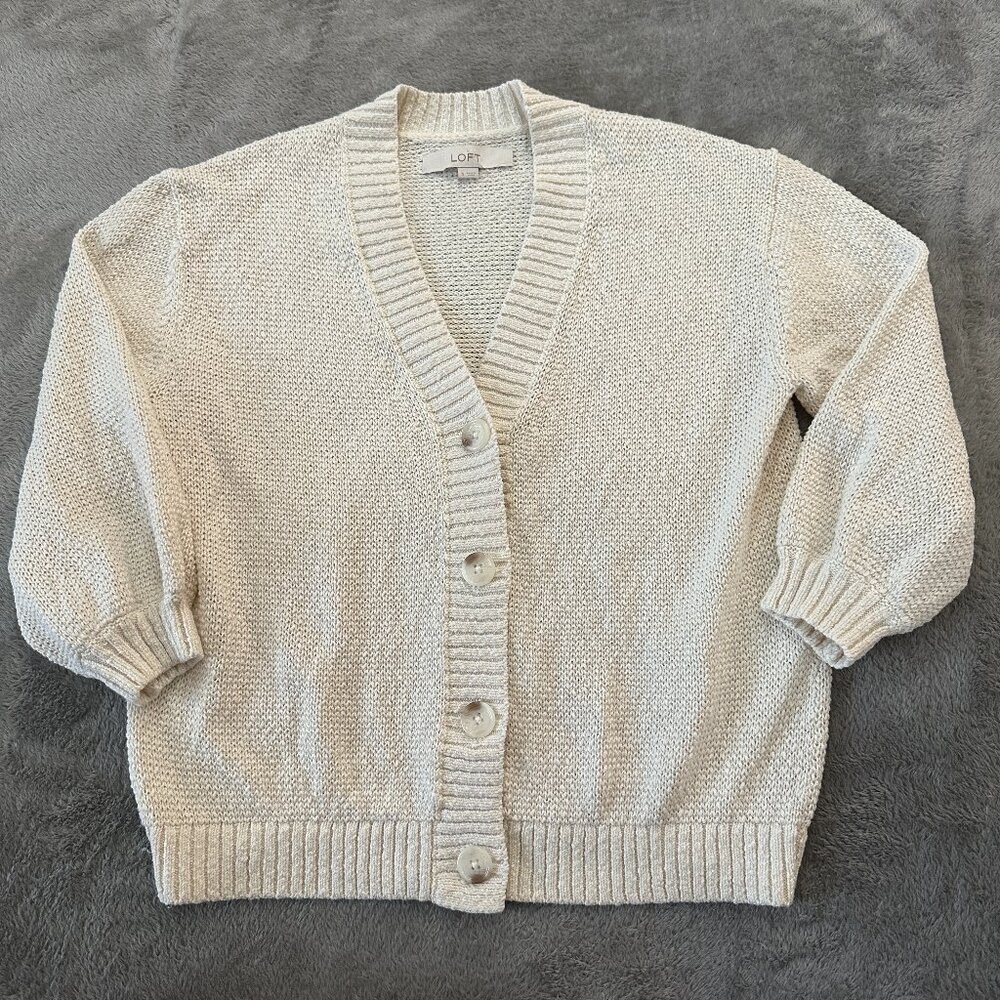 Ann Taylor LOFT Cream Knit Sweater Cardigan SMALL Preppy Academia Classic